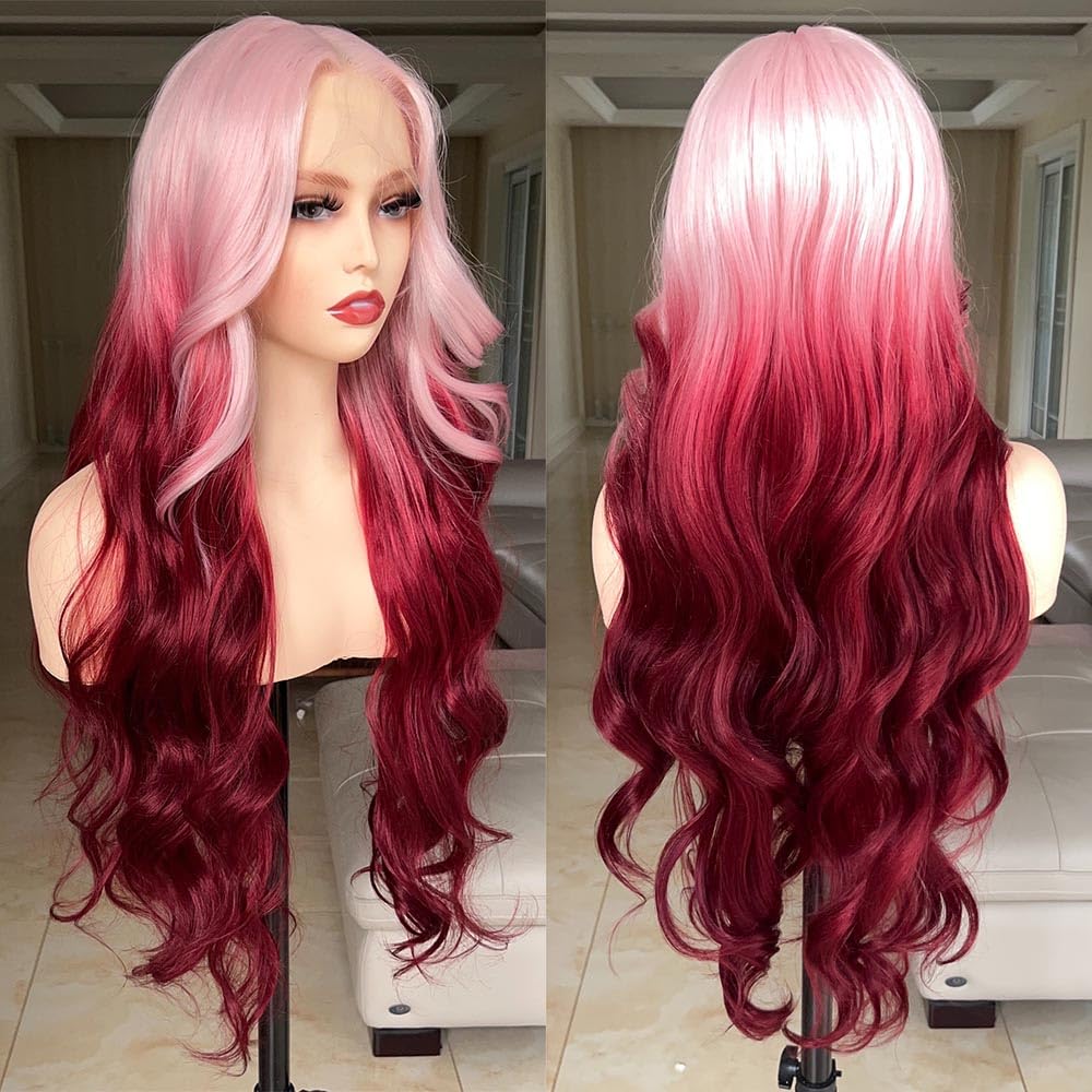 FABLLE Pink Lace Front Wig - 30 Inch Glueless Body Wave Synthetic Wig with Baby Hair Gradient Pink Color