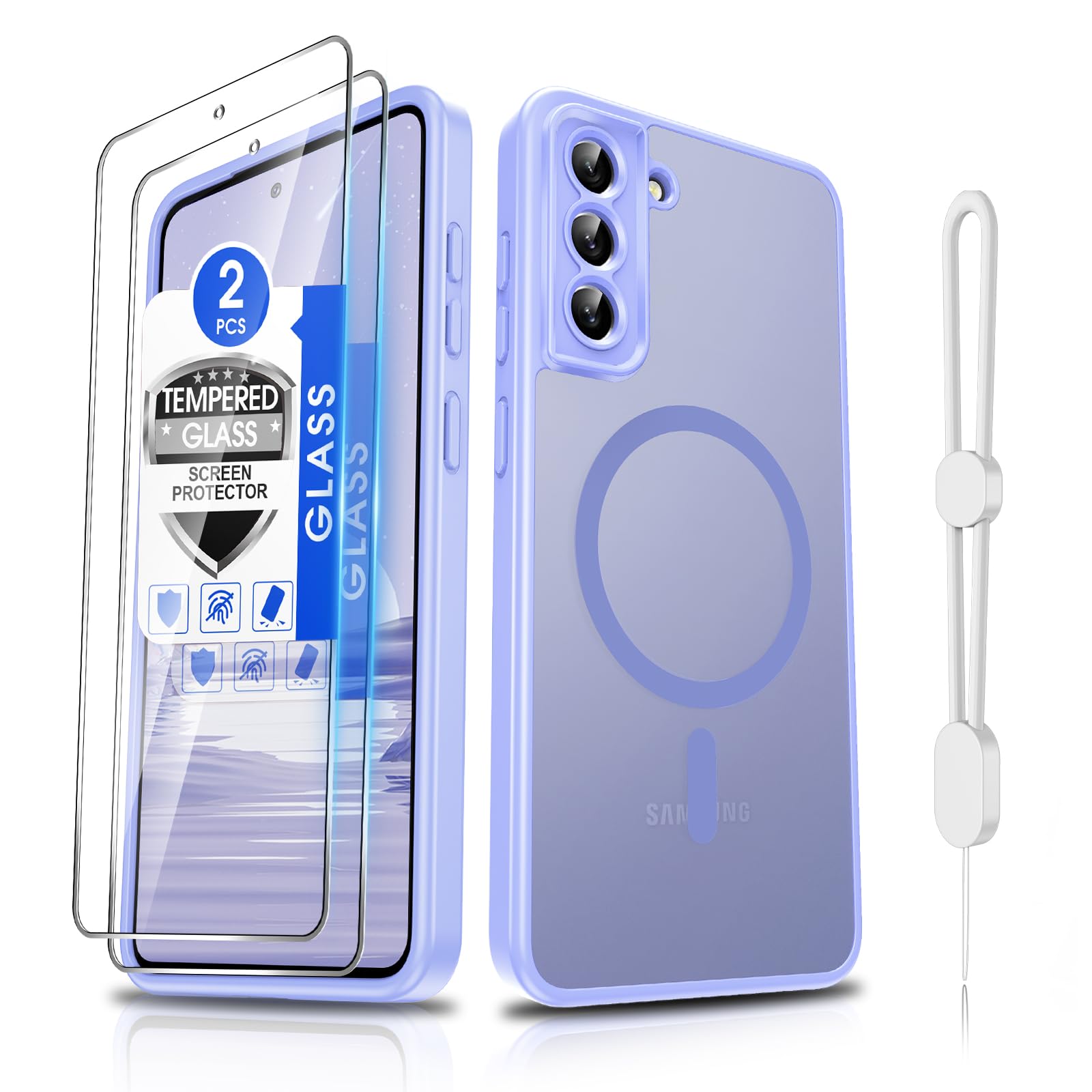 Dizn for Samsung Galaxy S21 FE Phone Case:[𝐍𝐨𝐭 𝐅𝐢𝐭 𝐒𝟐𝟏][Mag-Safe Fit]with Tempered Screen Protector,Slim Cover,with Strap &amp; Military Grade Lens Protector S 21FE,Funda para S21FE,Light Purple