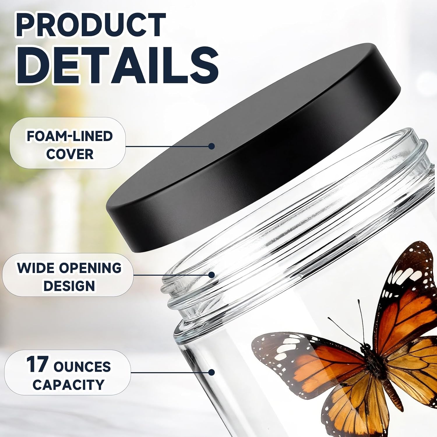 Domensi 2 Pack Large Specimen Jars, 17oz Capacity, Sample Jars with Lids, Soda-Lime Glass, Wide Opening with Foam Lined Cap, Airtight and Leak-Proof
