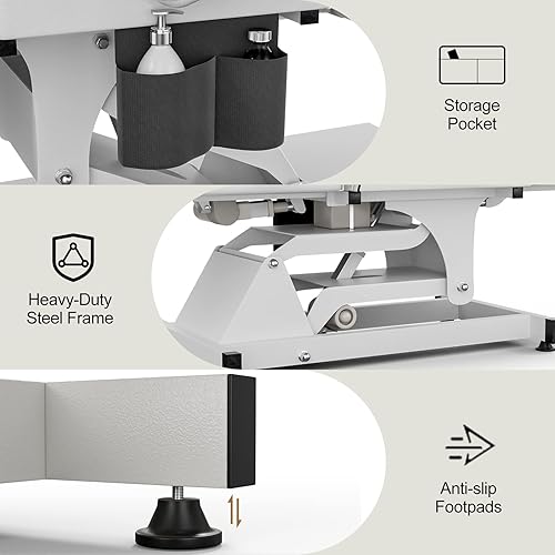 Miniatura 6 de Cama de spa totalmente eléctrica blanca Silla de tatuaje Mesa facial 3 motores con bolsillo de almacenamiento, respaldo de 21 a 28 pulgadas de