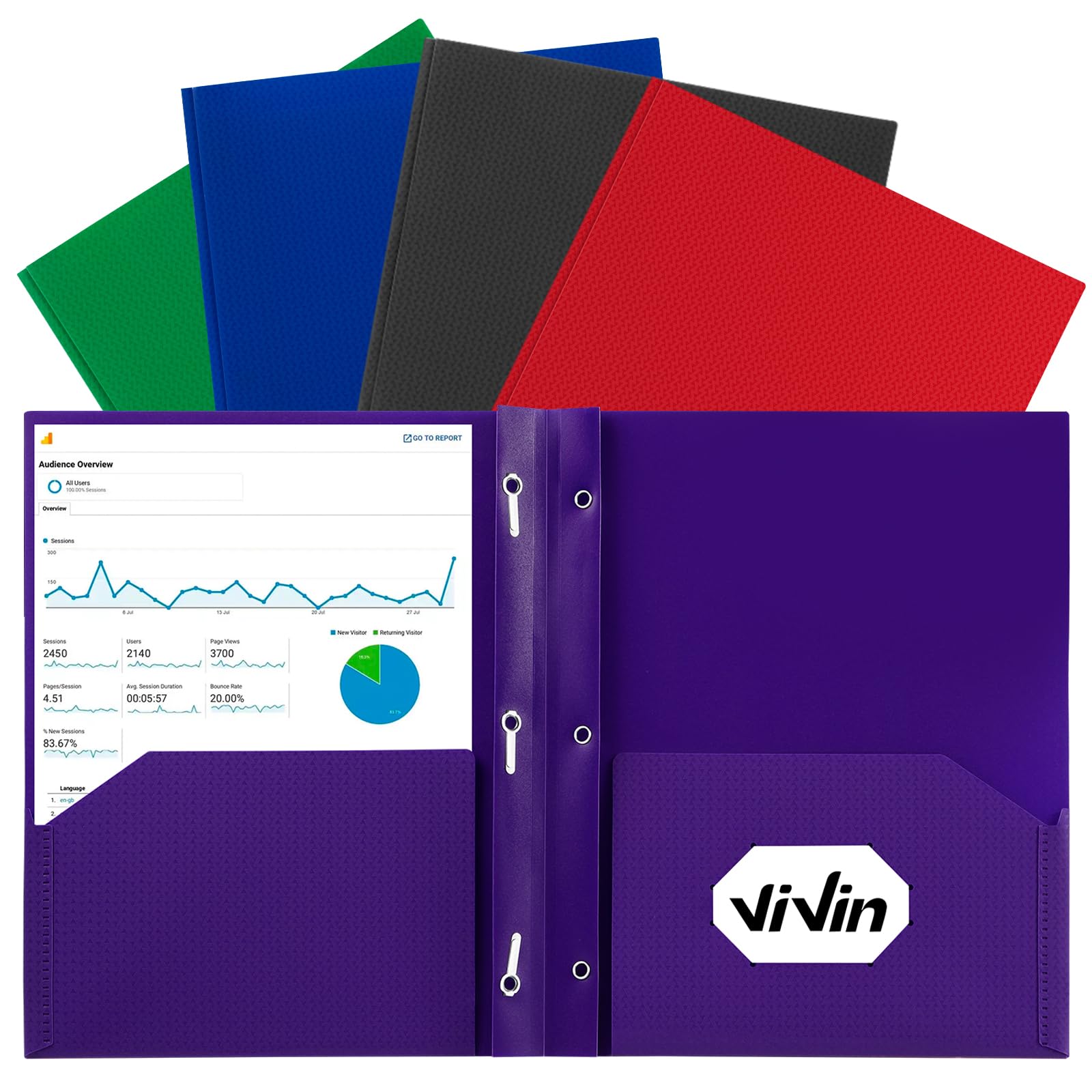 ViVin Sturdy Plastic Folder, 5 Pack, 2 Pocket Folder with Prongs, Holds Letter Size Paper, Poly File Plastic Folders with Fasteners, for School Home