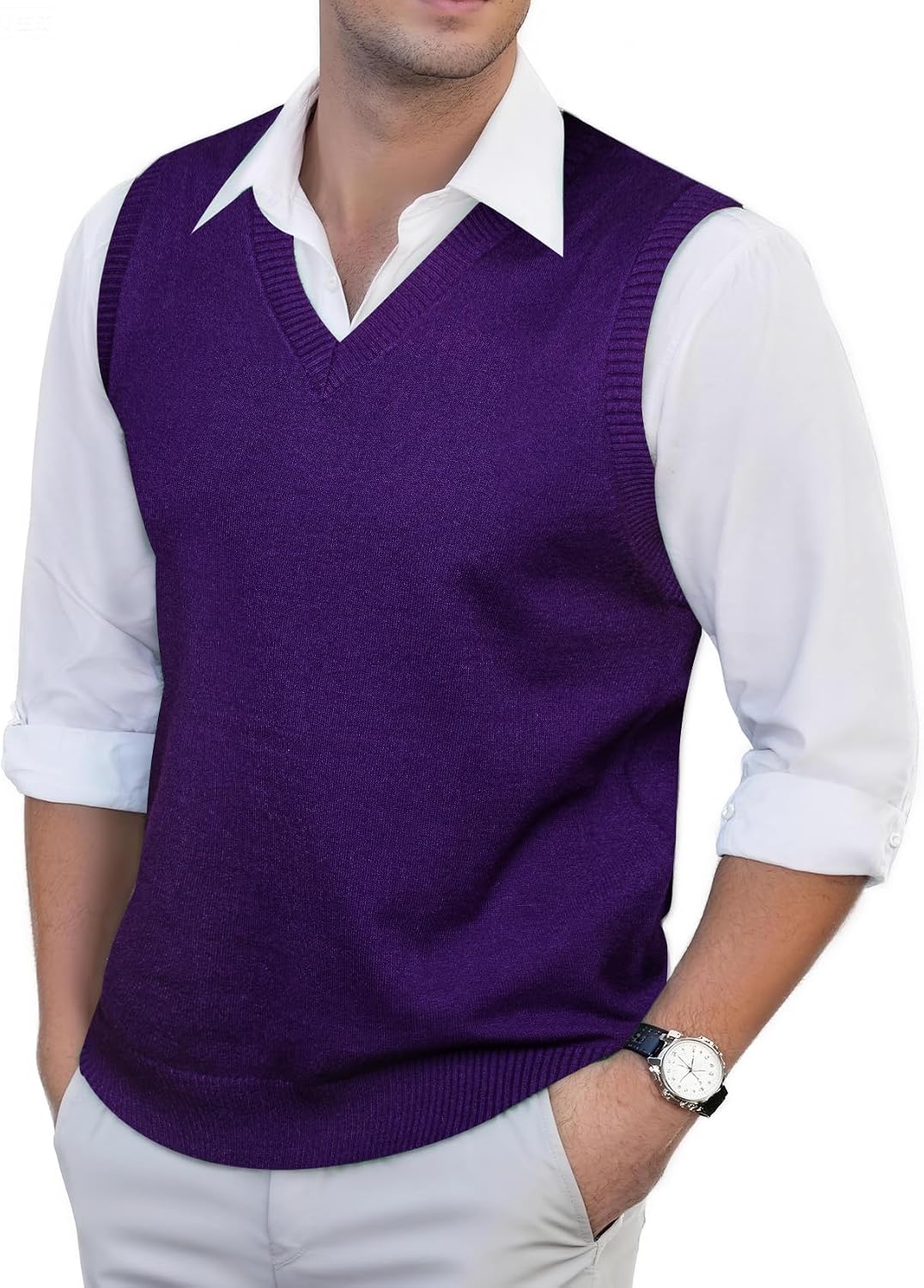 Barry.Wang Mens V Neck Sleeveless Slim Fit Knitted Sweater Vest