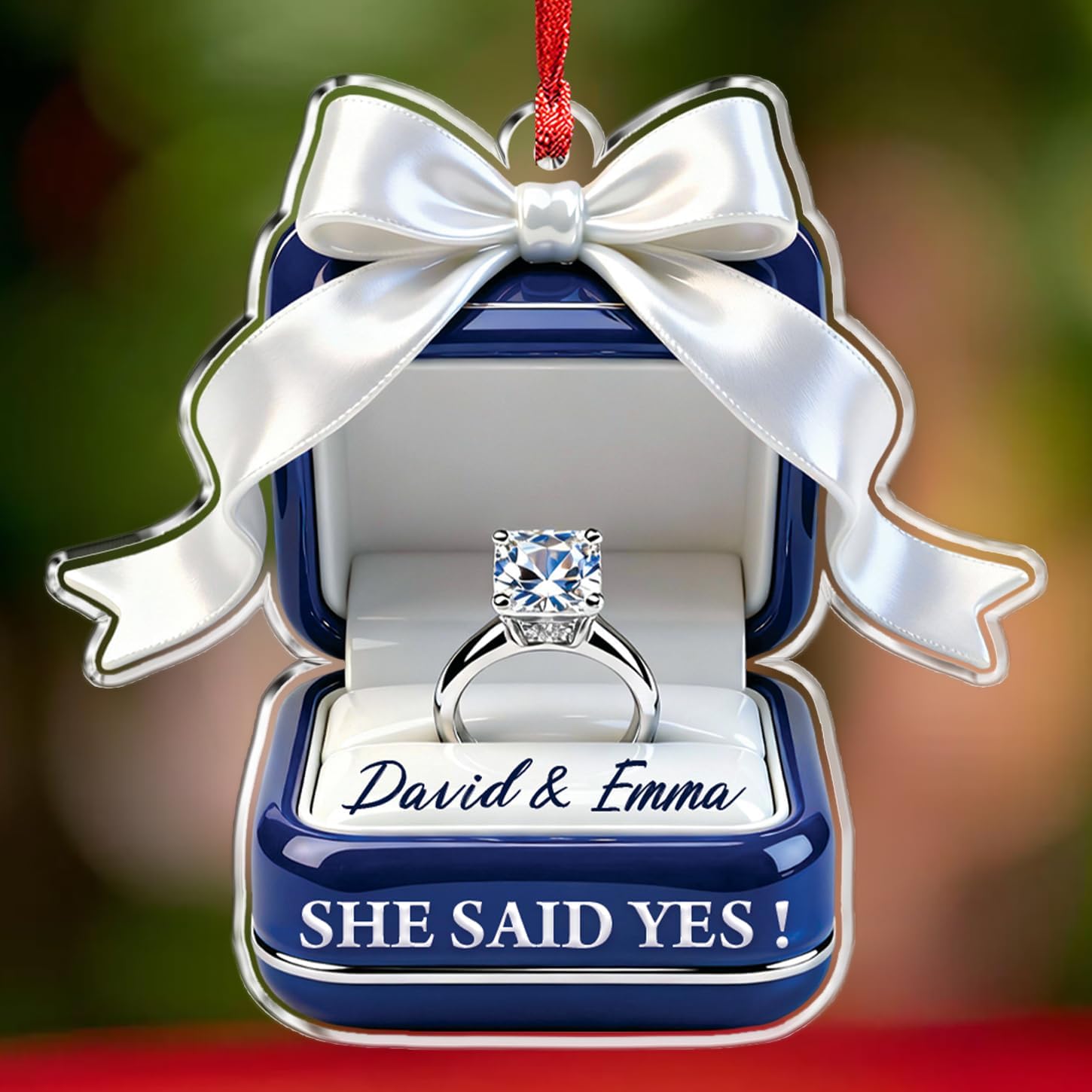 Customized Names Engaged Acrylic Ornament 2026, Personalized 2D Flat Engagement Ring Box Ornament for Bride to Be Proposal, She Said Yes Engagement Ornaments, Our First Christmas Engaged Keepsake