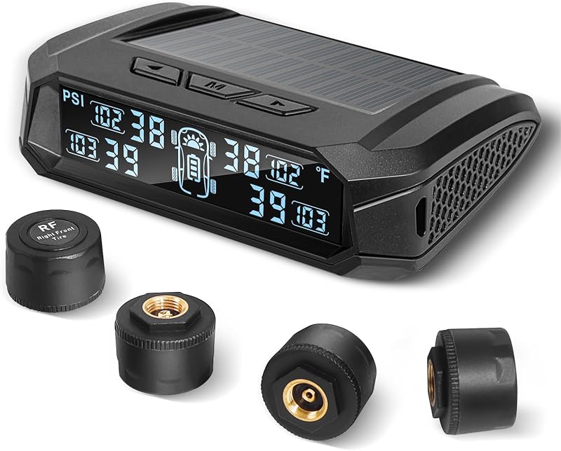 Masoll RV Tire Pressure Monitoring System,TPMS with 4 Tire Pressure Sensors | Solar Charger, 6 Alarm Modes, 0-99 PSI for RV/Travel Trailer/Camper/Truck/SUV/Car/Older Vehicle