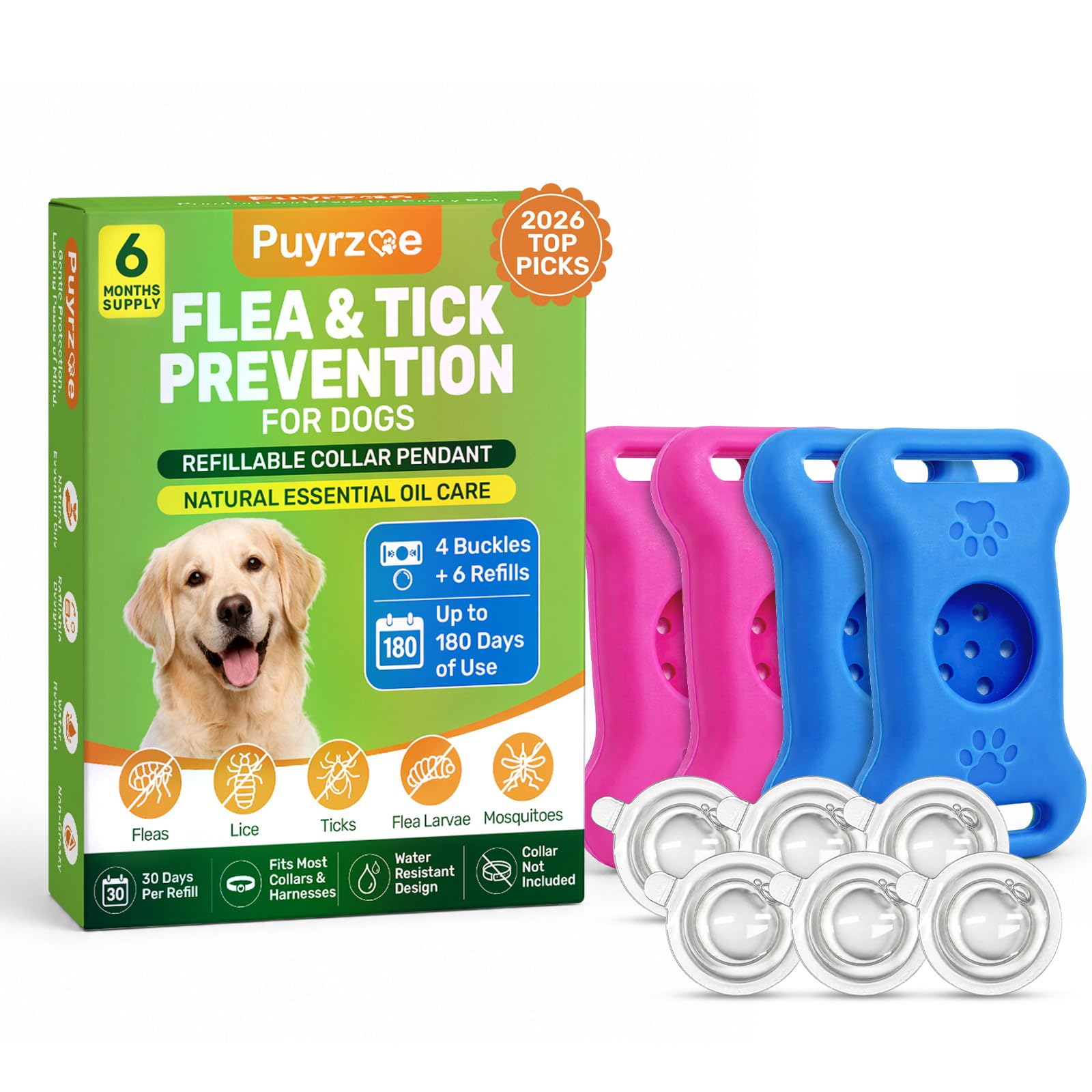 Puyrzoe Flea and Tick Prevention for Dogs, Collar Pendant with 6 Refills