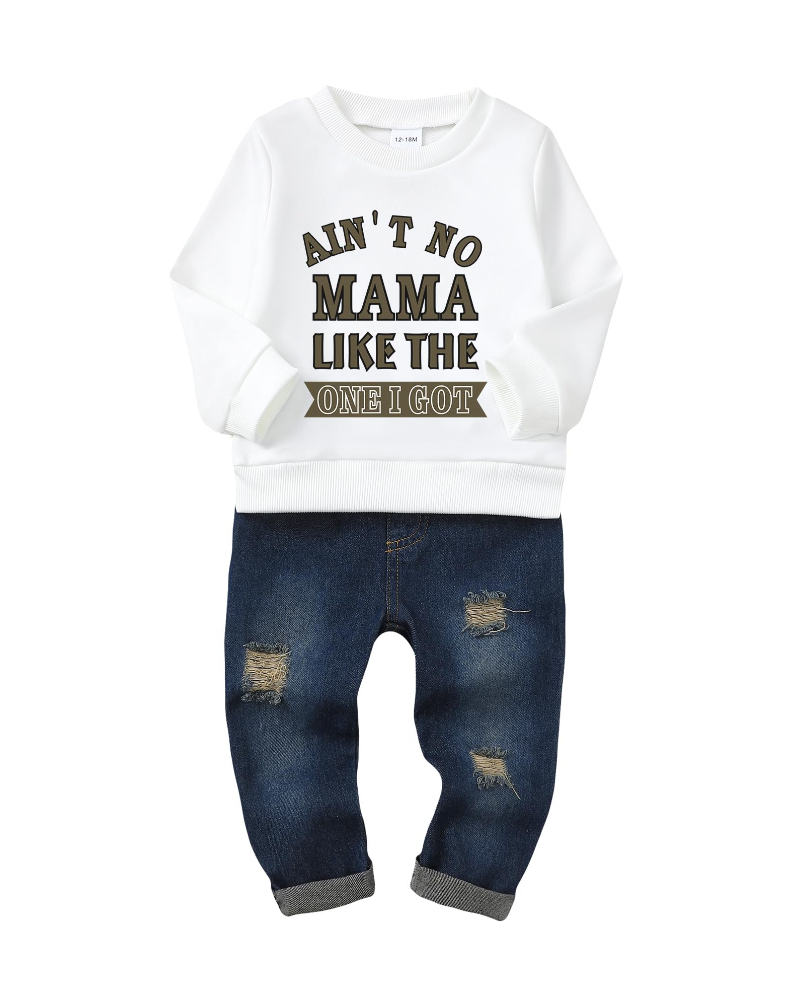 NZRVAWS 4-5T Toddler Boy Clothes Long Sleeve White Pullover Sweater Denim Ripped Jeans Little Boy Outfit Fall Winter Clothing Set