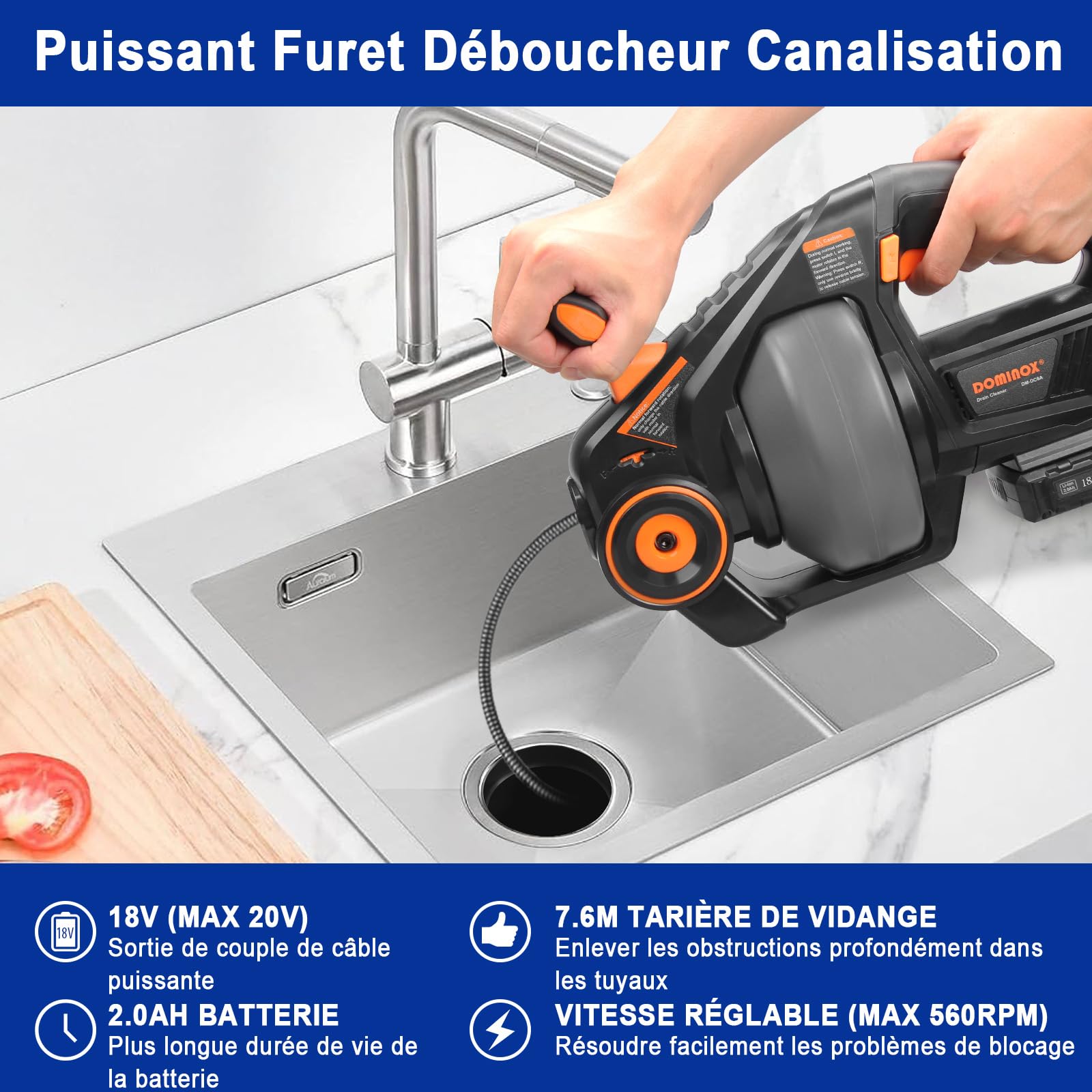 Furet Déboucheur de Canalisation avec Batterie de 2,0Ah et Serpents de Plomberie de 7,6m, Serpent de vidange Électrique pour Déboucher les Toilettes, Les Égouts, la Salle de Bain
