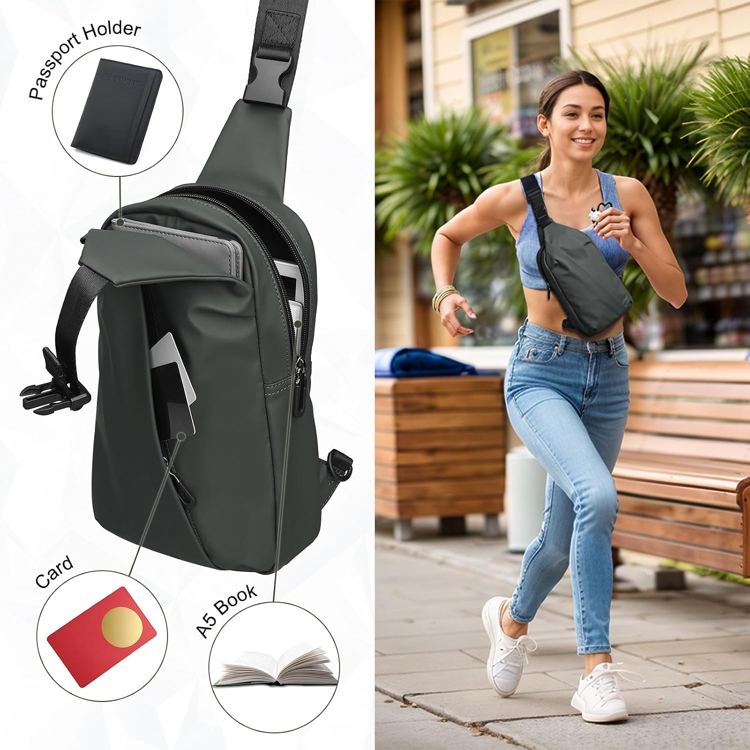 DTGN Small Sling Bag Waterproof Crossbody Chest Bags Lightweight Dark Grey image 5