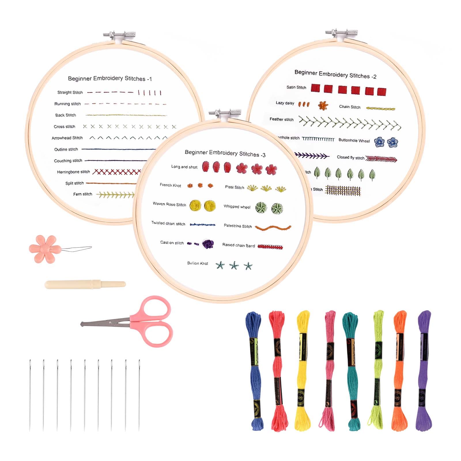 3 Sets Embroidery Starter Kit for Beginners, Stitch Practice kit, Include Embroidery Cloth with Pattern, Embroidery Hoops Threads and Tools, Learn Stitches Practice Skill for Craft Lover Adults