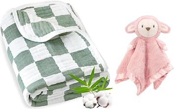Muslin Baby Blanket Unisex Sage Green Checkerboard Toddler for Bed+Baby Security Blanket for Boys Girls, Lovey Soft for Newborn Cute Lamb Snuggle Toy