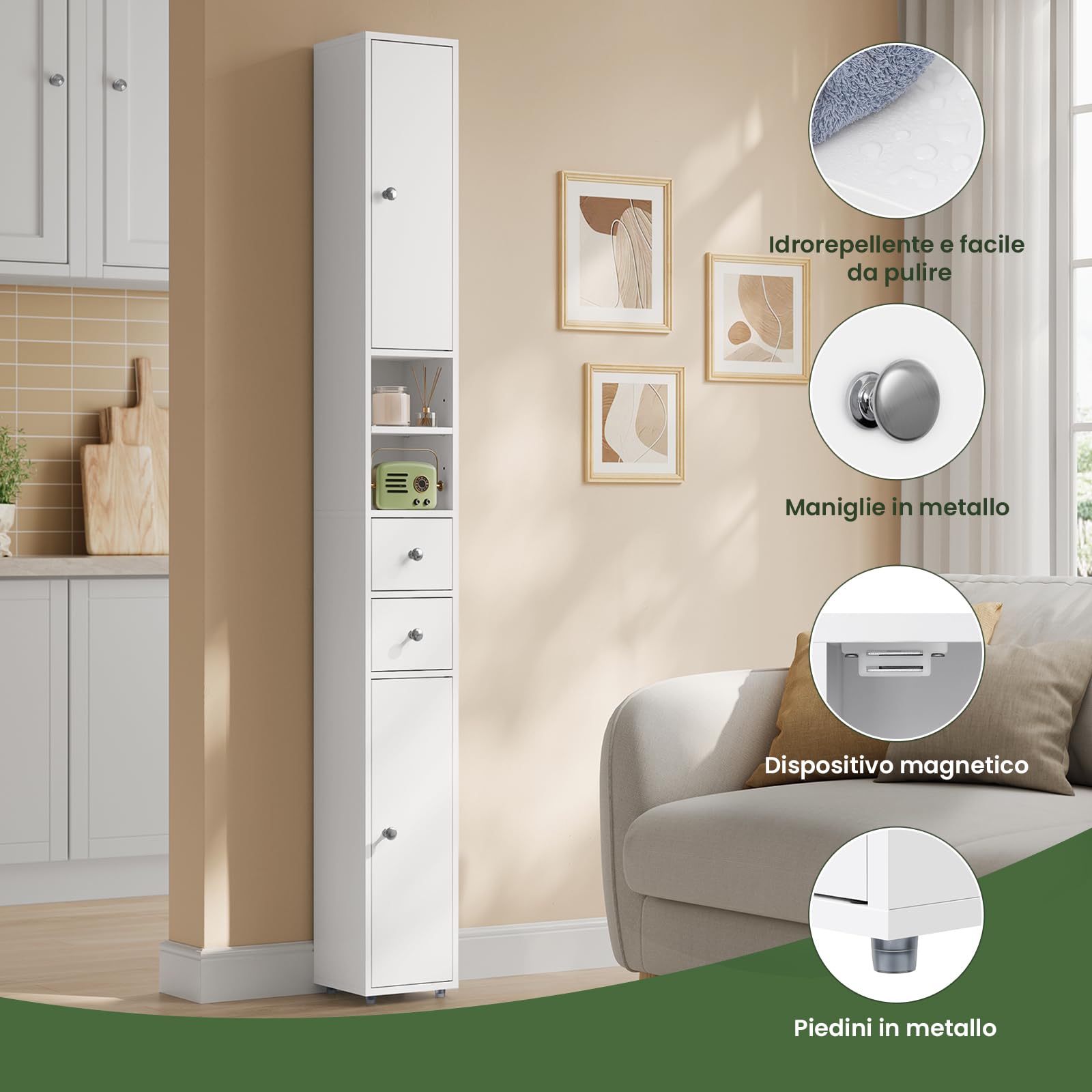 EUGAD Armadio Alto da Bagno, Mobiletto da Bagno, Colonna Bagno Stretta, 20 x 20 x 180 cm, Mobiletto Salvaspazio Stretto, con Ripiani Regolabili, per Spazi Ridotti, Soggiorno, Corridoio, Bianco
