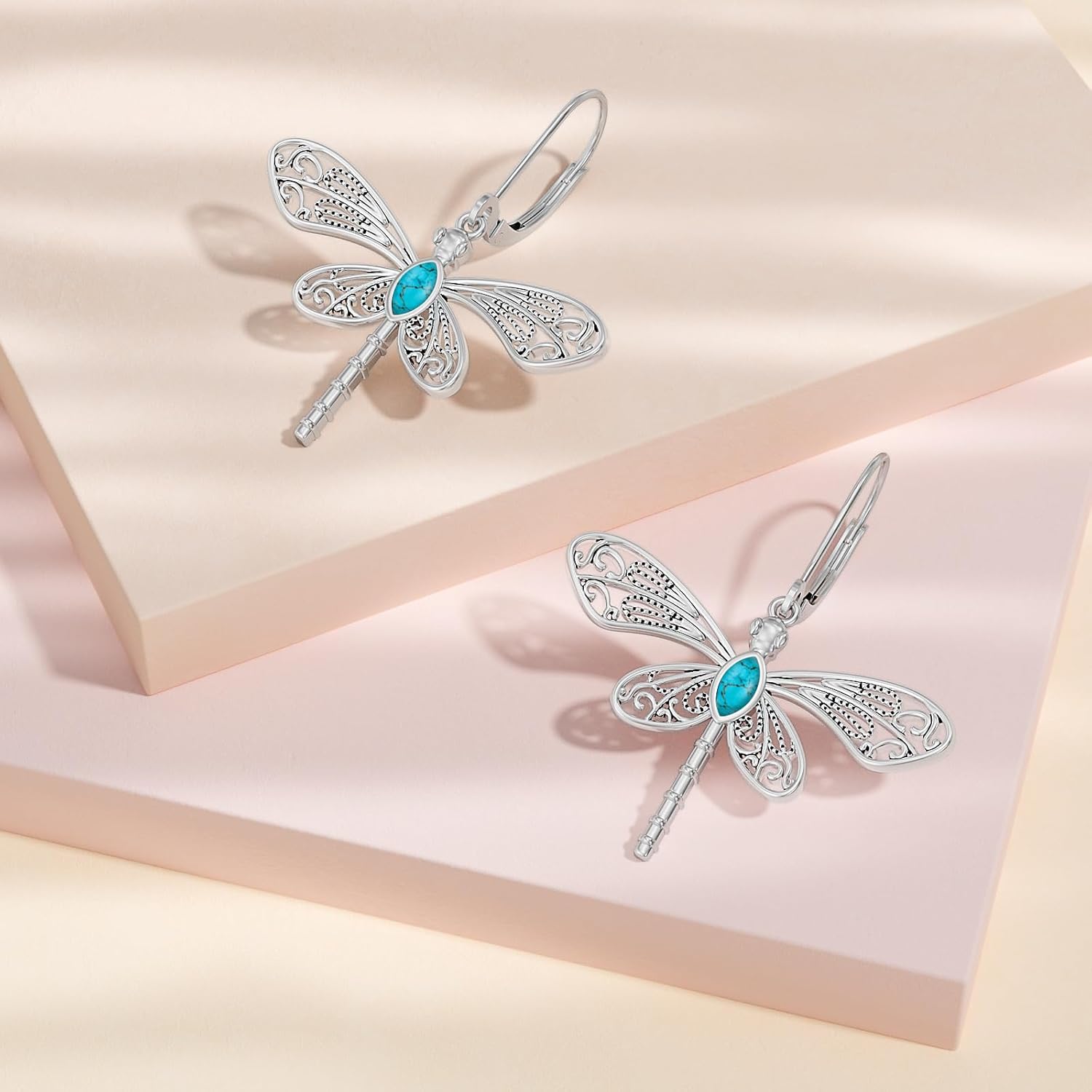 Dragonfly Turquoise Earrings 925 Sterling Silver Genuine Teardrop Turquoise Dangle Earrings Jewelry Gift for Women - Image 2