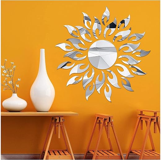 3D Mirror Sunlower Wall Decor Sticker, CUNYA Peel and Stick Wall Art Decals, Removable Acrylic Mirrors for Wall Living Room, Bedroom, Farmhouse Decor (Silver)