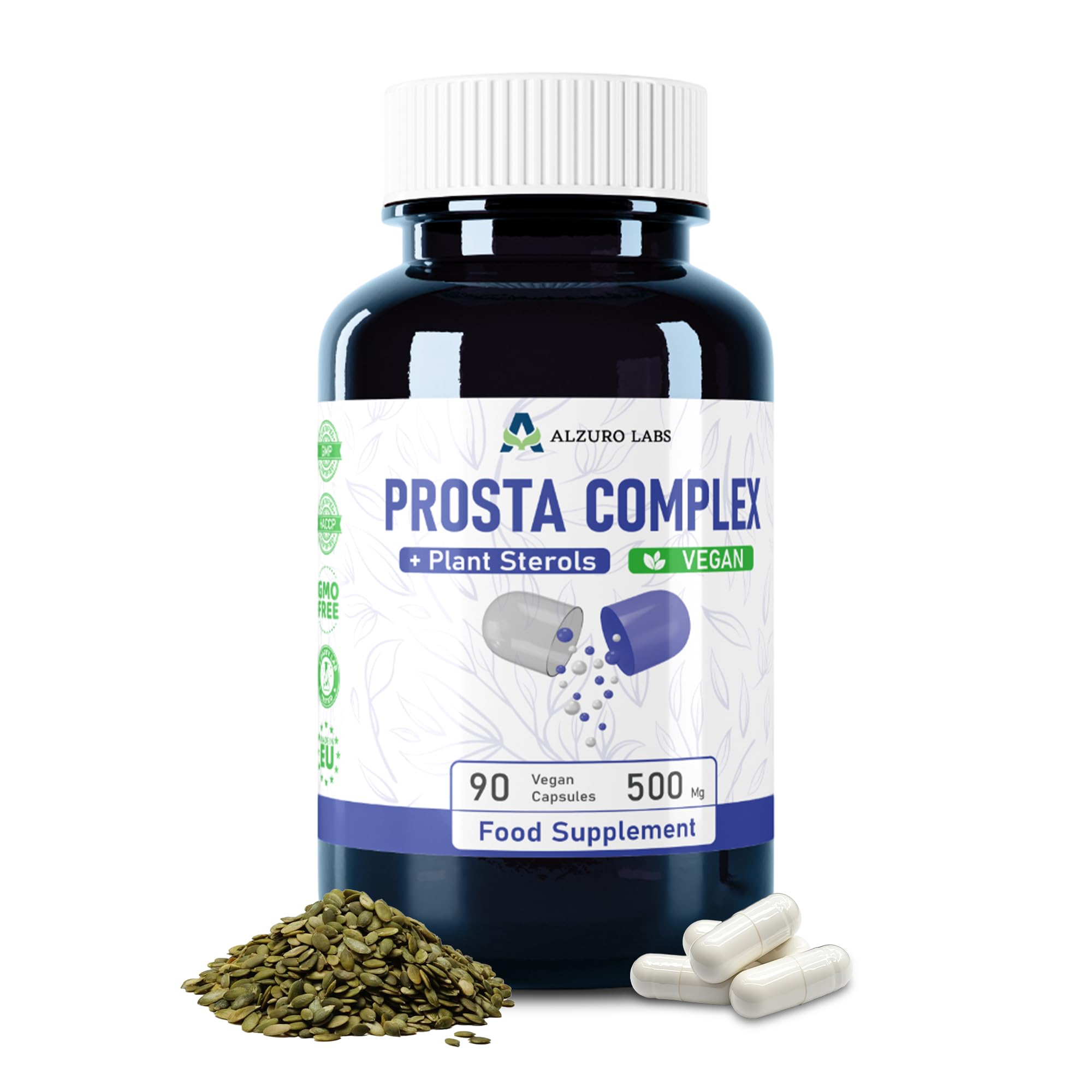Prosta Complex | Semi di Zucca, Pygeum africanum e Beta-Sitosterolo con Zinco | 90 capsule vegane | scorta per 3 mesi | Cucurbita pepo | GMP & Testato da Laboratorio Indipendente