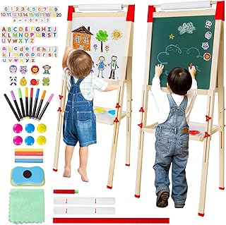 1.2 M Lousa Magnetica Infantil de Dupla Face,Lousa Infantil com 2 Rolos de Papel de 5 M,Didática Quadro Magnetico com Suporte,70-128 cm Ajustável para Crianças,16 Tipos de Acessórios Gratuitos