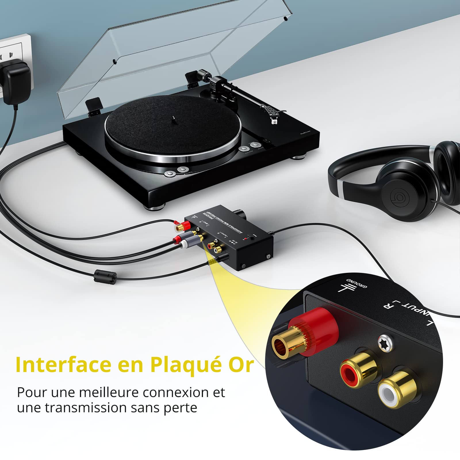 PROZOR Préamplificateur Phono Conversion du Signal L/R Ampli pour Platine Vinyle Commutateurs de Puissance à Faible Bruit avec Interrupteur d'alimentation (PRR021)