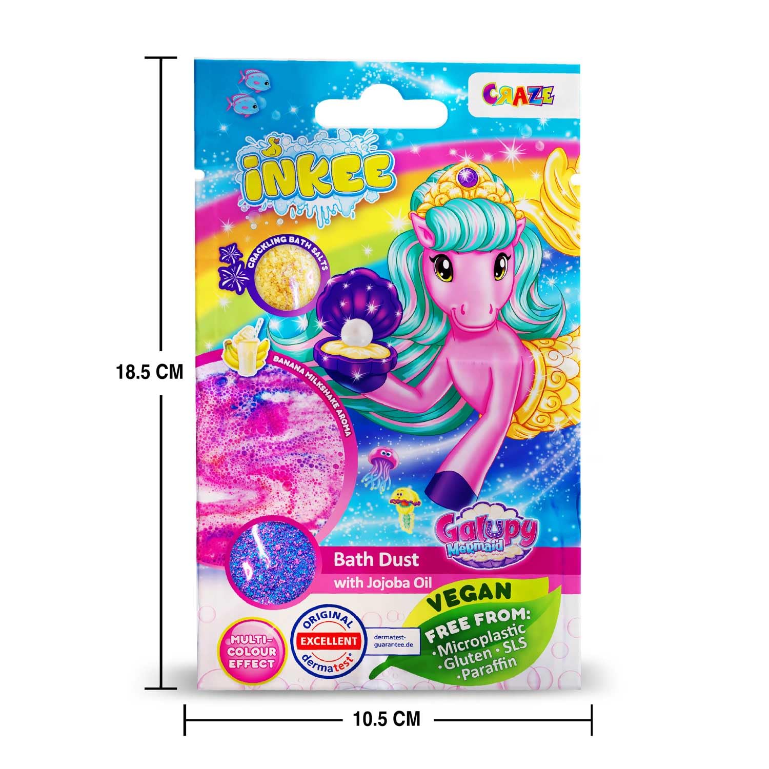 INKEE Granulés de Bain Galupy Mermaid Pack de 16 | Sels de Bain crépitants rose, bleu et violet avec huile de jojoba & arôme Milkshake banane, 16 Sachets de 60g