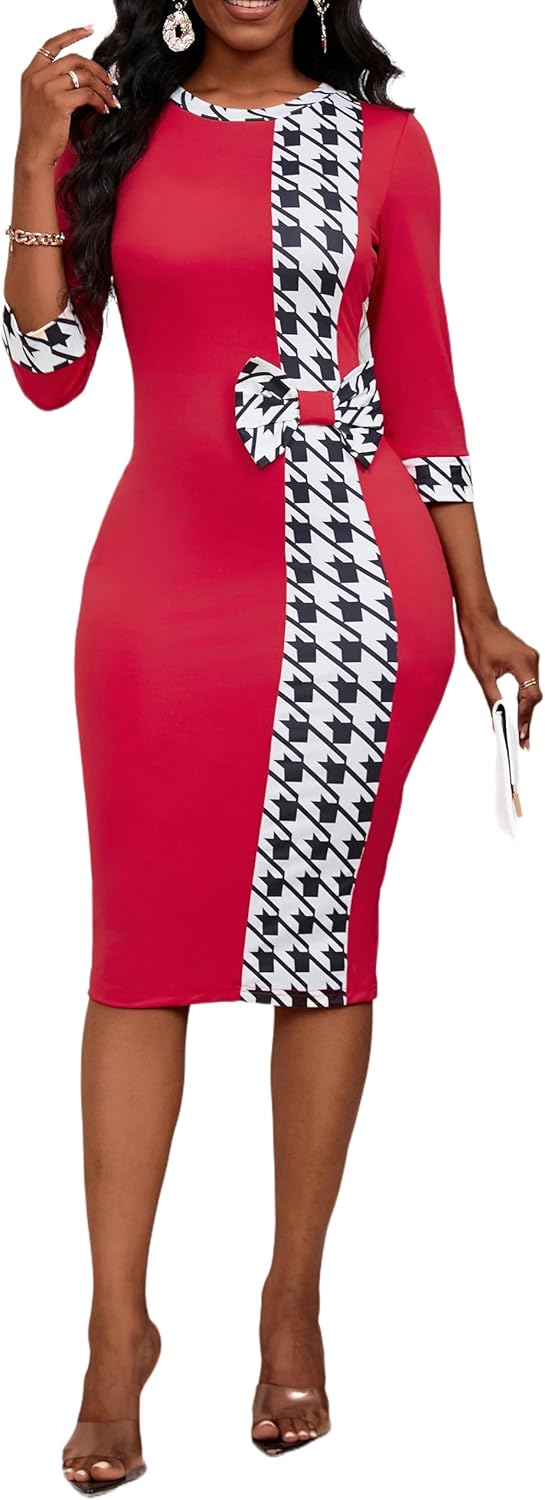 Women's 3/4 Sleeve Round Neck Casual Houndstooth Bodycon Wear to Work Pencil Sheath Midi Dresses - Image 5
