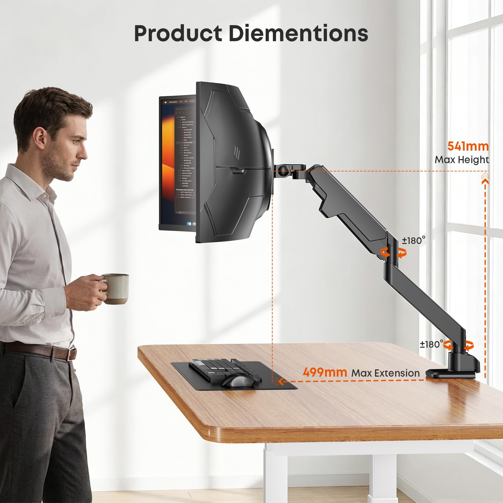 Monitor Halterung 17-49 Zoll für Flat/Curved Monitor, Premium Aluminium Bildschirmhalterung, Neigbar & Schwenkbar, VESA 75/100 mm, Max 20 KG, Ergonomischer Monitor Arm, Schwarz