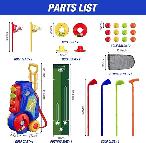 Miniatura 8 de Juego de golf para niños pequeños, palos de golf mejorados para niños con 12 pelotas, tapete de putt, correa para el hombro, juguetes deportivos