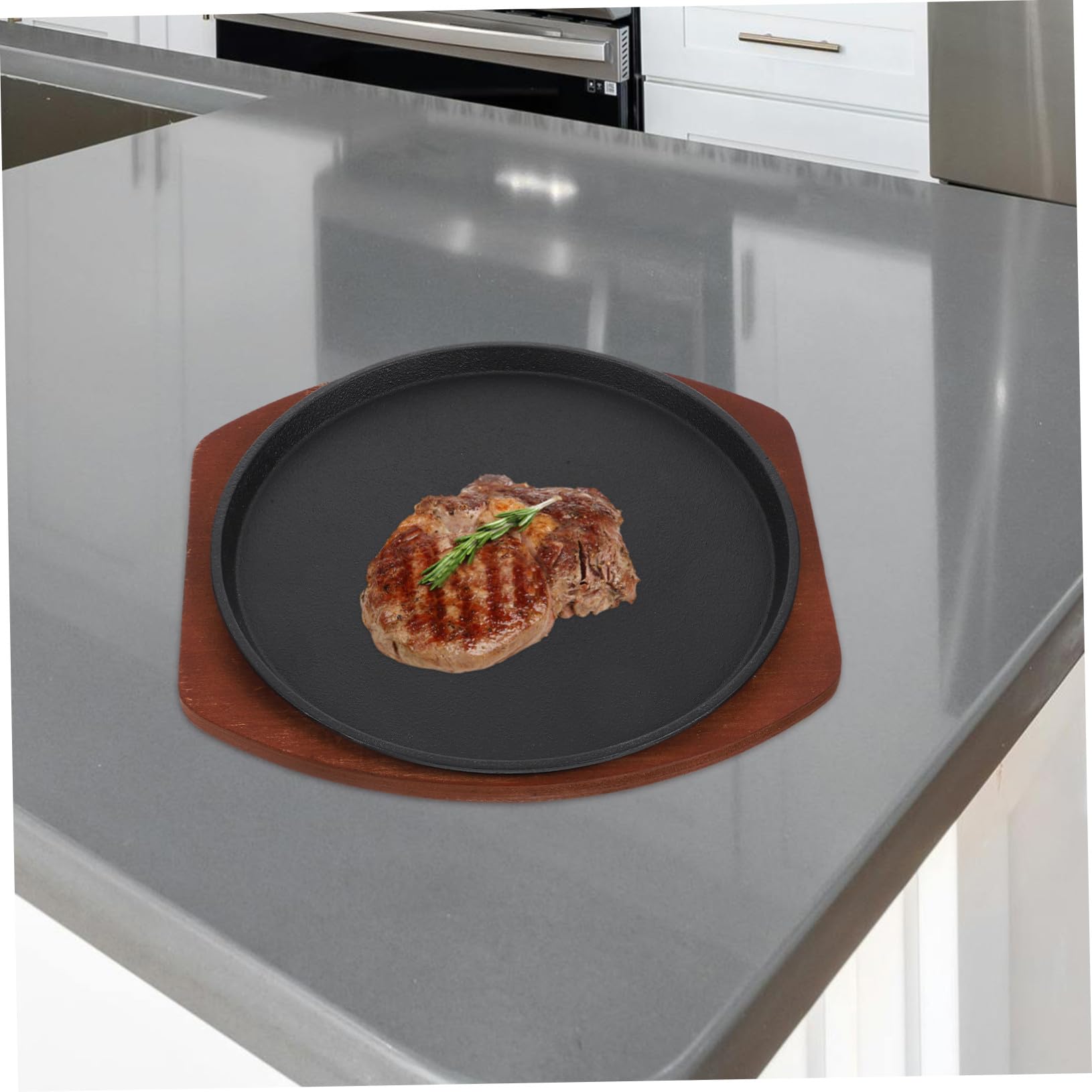 Plancha de Hierro Fundido para Asar Redonda Base de Madera Sartén para Bistec con Calentamiento Uniforme Bandeja Resistente para Barbacoa y Cocina Casa