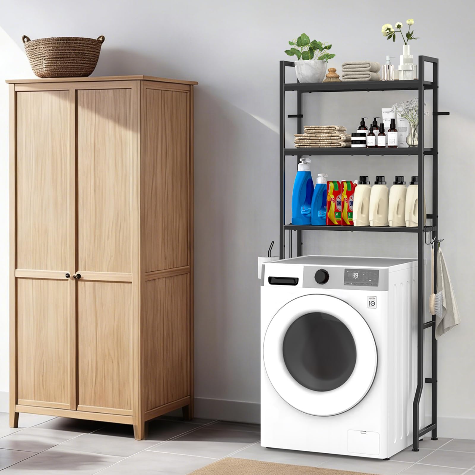 CADUKE Toilettenregal, Waschmaschinenregal Toiletten-Überbau mit Aufbewahrungskorb, 3 Ebenen Ablage über Waschmaschine für Badezimmer und Waschküche mit 4 Haken und Papierhalter, Braun