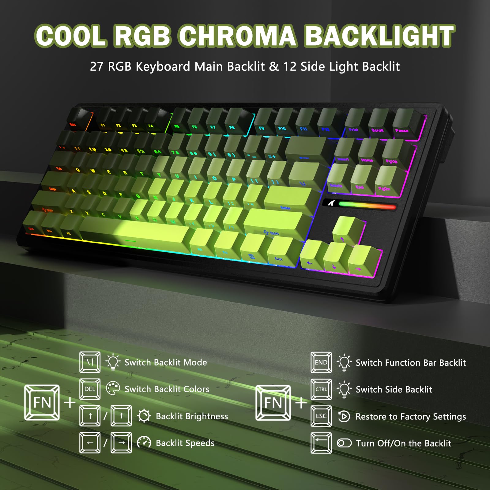 ATTACK SHARK M87PRO Clavier De Jeu Mécanique sans Fil Tkl, BT5.0/2.4G/USB-C Filaire, Clavier RGB à Échange à Chaud, 5000mAh, Disposition Américaine, Impression Latérale Dégradée - Matcha