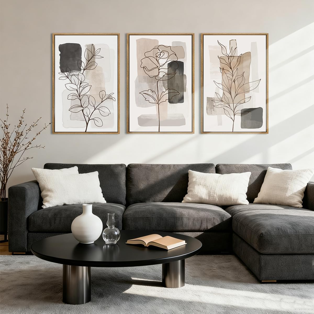 Anyzal Large Framed Neutral Floral Wall Art 16x24 Inch Tan Modern botanical Canvas Wall Decor Minimalist Black Flower Prints for Living room Bedroom Dining room Set of 3 image 4