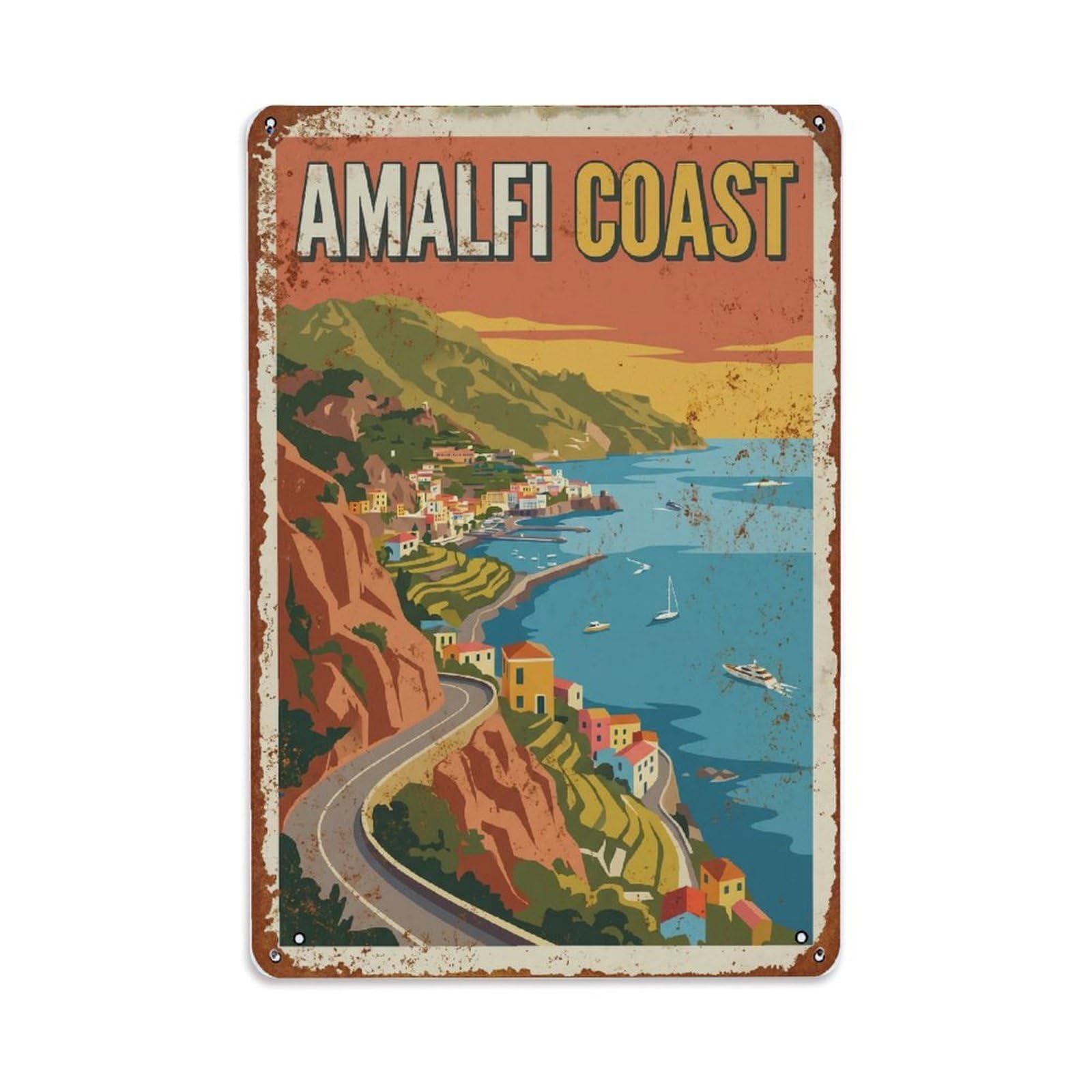 Vintage Travel Overlook Italy Clifftop Metal Tin Sign Plaque Wall Decor for Cafe, Club Bar, Office, Home Garden Metal Poster 8x12Inch
