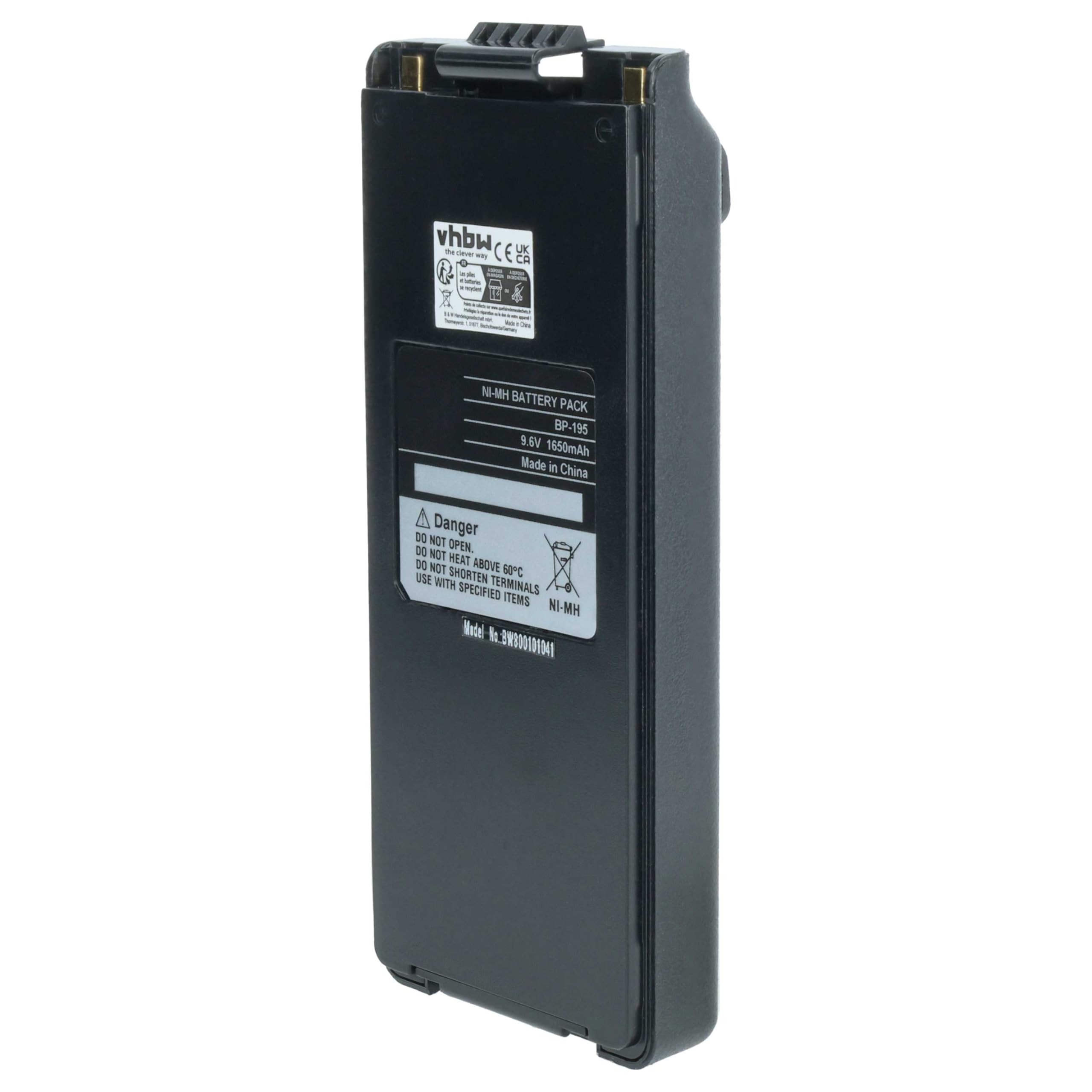 vhbw batteria sostituisce Icom BP-195, BP-196H, BP-196, BP-196R per radio (1650mAh, 9,6V, NiMH) + clip