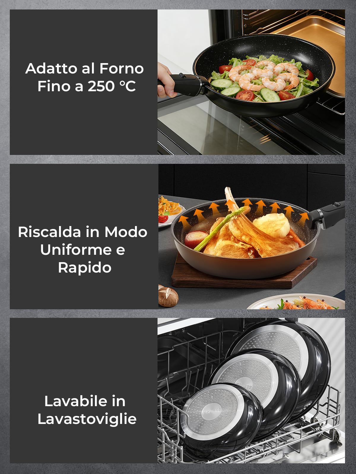 FOHERE Padelle Antiaderenti con Manico Removibile, Set 3 Padelle in Ceramica 20/24/28 CM, Padelle Induzione Per Tutti I Piani Cottura, Lavabile in Lavastoviglie e Forno, Padella Alluminio