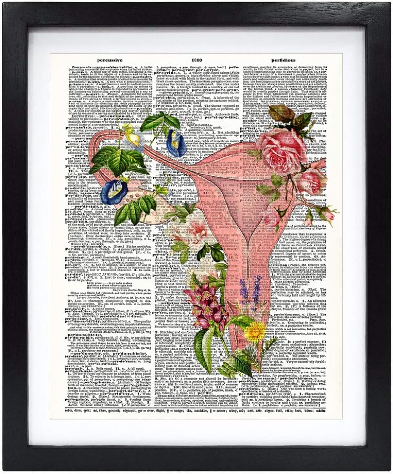 Susie Arts 8X10 Unframed Flowery uterus Woman Feminist art Anatomical Pregnancy Upcycled Vintage Dictionary Art Print Book Art Print Home Decor Wall Art V192