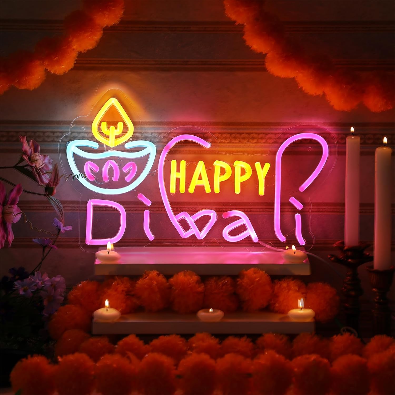 Happy Diwali Neon Sign Festival of Light Decorations LED Sign Happy Diwali Decorations Dimmable Diya Deepawali Neon Light up Decor for Home Bar Decor Wall Room Door Window Party Supplies
