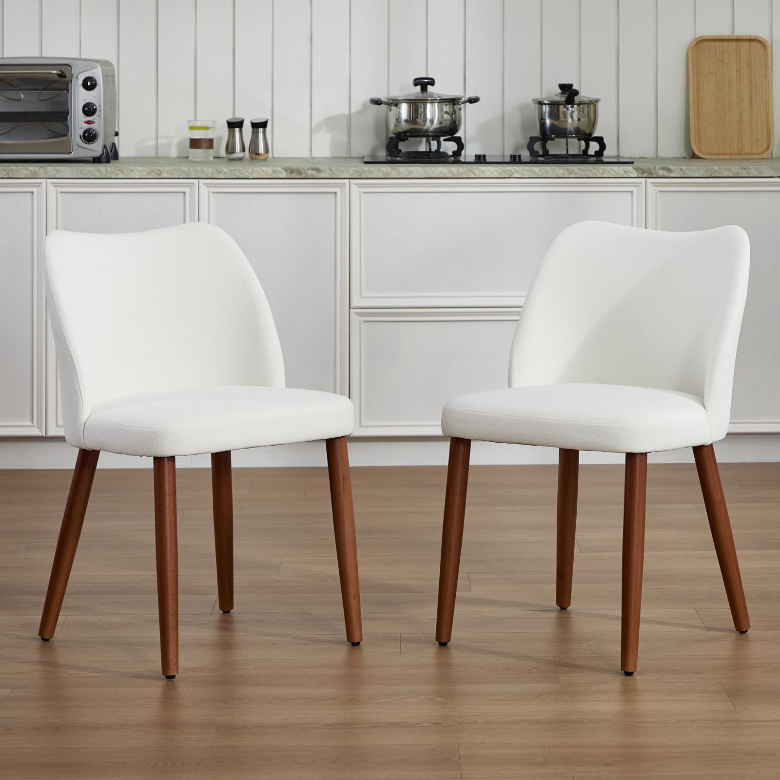 chairus 2pcs Retro Linen Dining Chairs, Curved Back&Wooden Legs, White