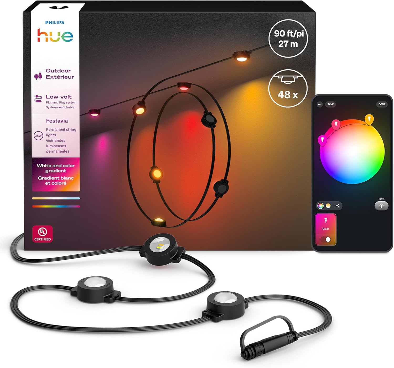 Photo 1 of Philips Hue Festavia 90ft Permanent Outdoor String Lights, 48 Dimmable Lights, 55 Lumens Each, Weatherproof, Water-Resistant, Black Wire, Color Ambience, Bridge Required