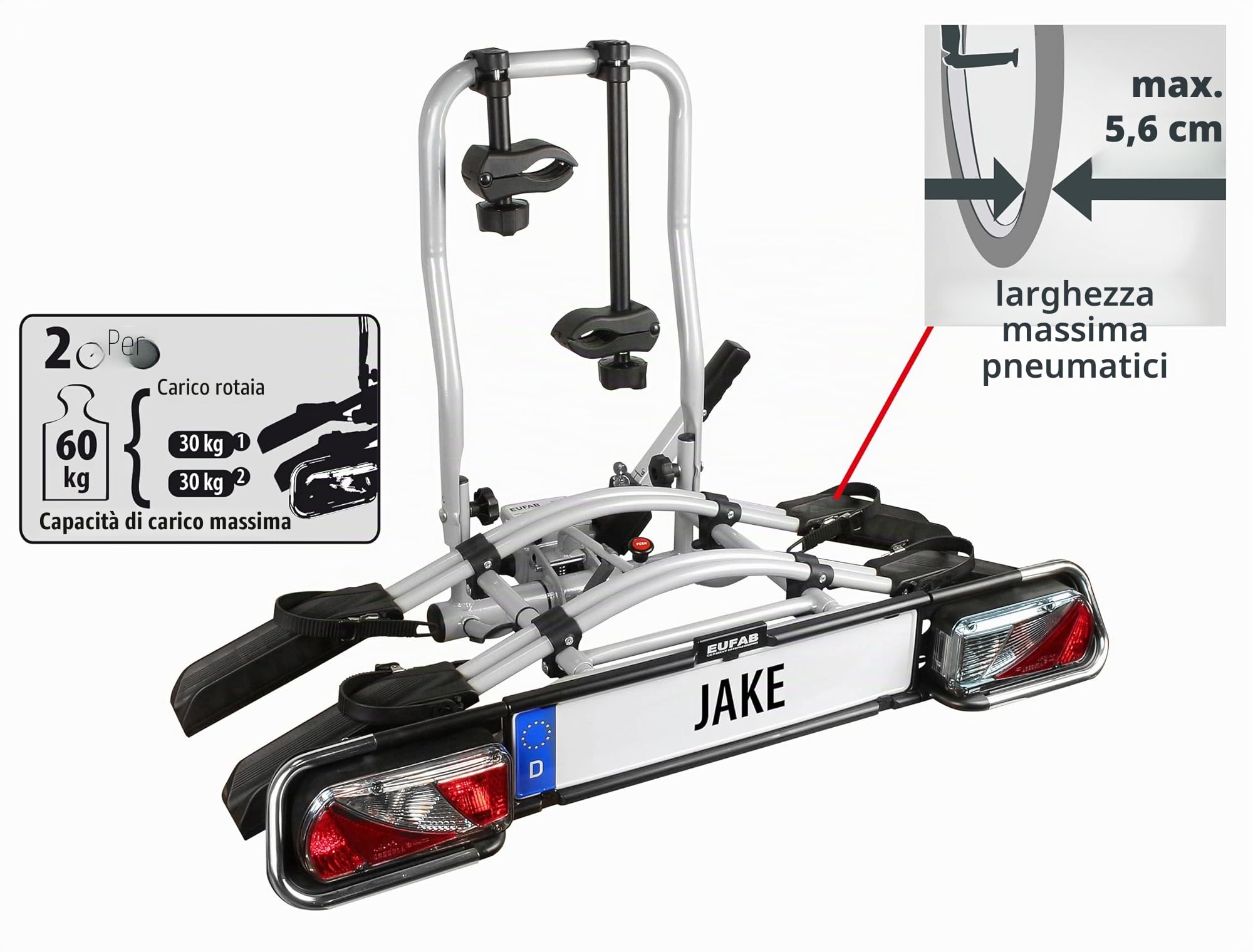 EUFAB Portabici 11510 JAKE, adatto per e-bike, parzialmente premontato, espandibile, protezione antifurto, per 2 biciclette, per gancio di rimorchio