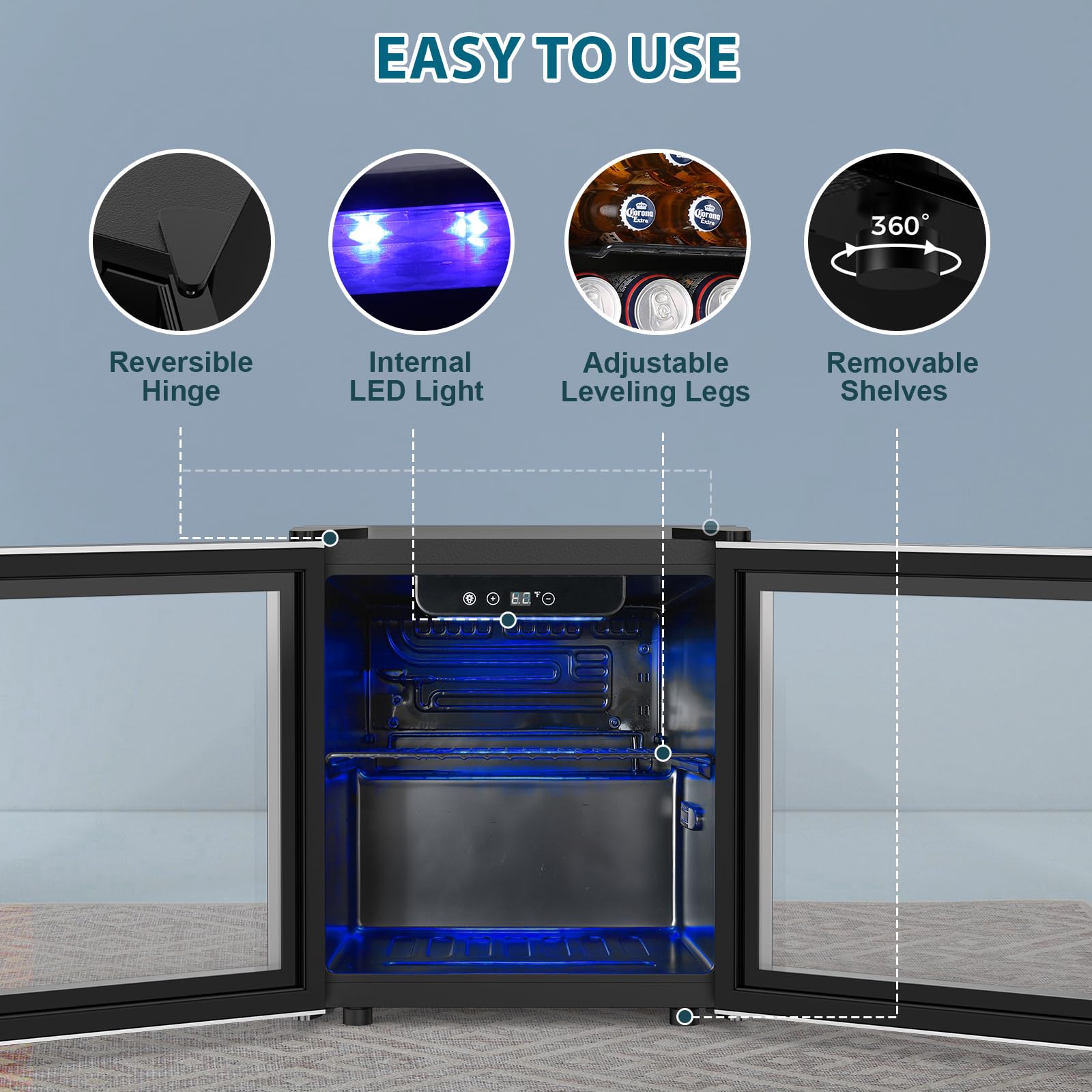 Electactic 48 Can Beverage Refrigerator,12 Bottle Wine Cooler With Stainless Steel Glass Door, Digital Temperature Display, Countertop Mini Fridge For Soda, Wine Or Beer, Silver on Fridge.com - View 5