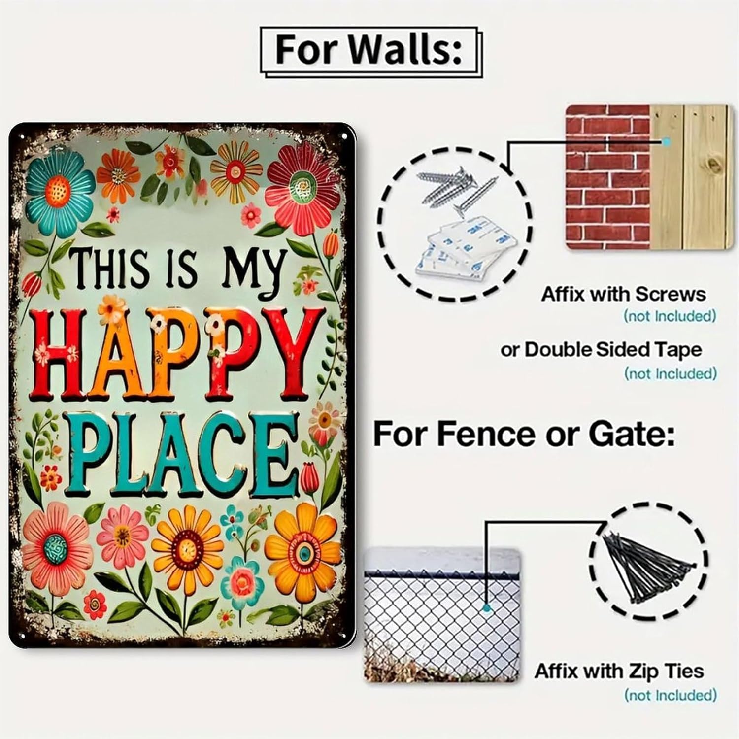 Floral Happy Place Sign Rustic Aluminum Wall Art & Metal Tin Sign - 8x12in Vintage Gift Perfect Size Indoor Outdoor Decor for Home, Office, Cafe, Yard & Garden