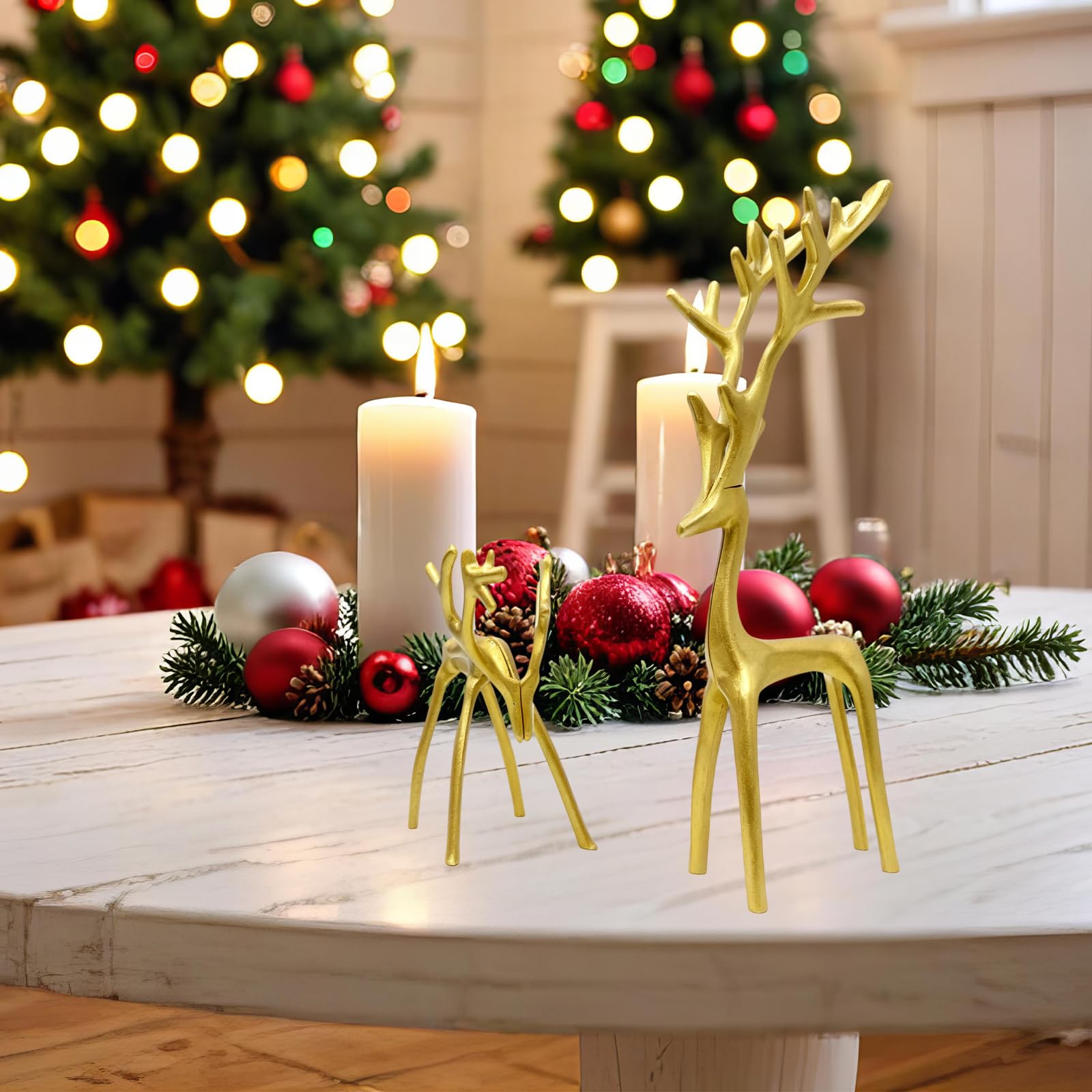 Juego de 2 decoraciones navideñas doradas, estatuas de reno, modernas figuras de Navidad de aleación de aluminio, elegantes adornos de mesa de Navidad para chimenea, sala de estar, dormitorio