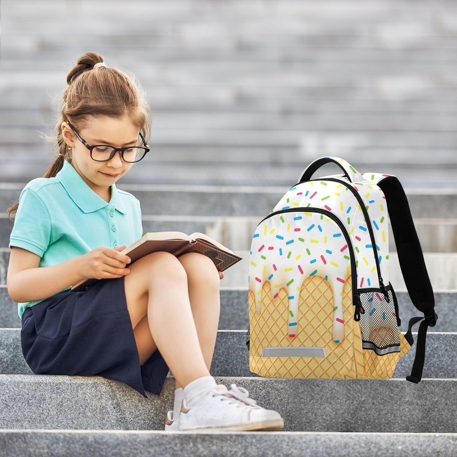 Kids Backpack for Boys Girls Bookbags Ice Cream Cone School Backpack Elementary Bags Travel Daypack Lightweight Waterproof with Reflective Strip