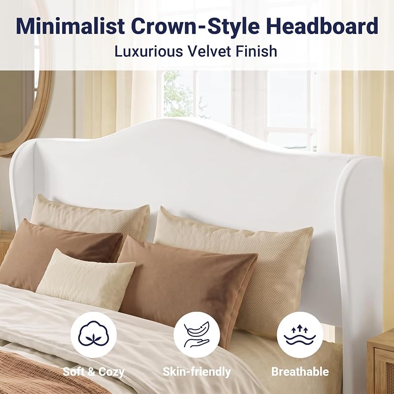 Allewie Queen Size Bed Frame, Plush Velvet Wingback, Modern Style, White image 4