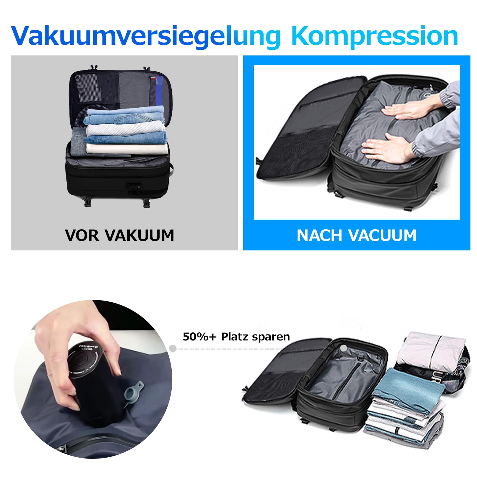 KINGSLONG Vakuum Rucksack Laptop Handgepäck: Herren Reiserucksack Flugzeug 17 Zoll PC Wasserdicht Backpack 60L Erweiterbarer Vakuum Tasche mit Pumpe und Sperre für Business Travel Männer