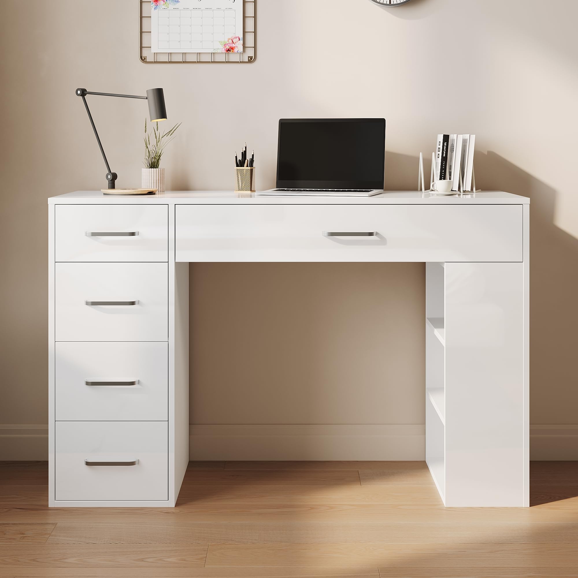 SONNI Escritorio, mesa de ordenador, mesa de oficina, tocador multifunción con 5 cajones y 3 compartimentos, mesa de trabajo moderna y escritorio infantil con espacio de almacenamiento, mesa, blanco