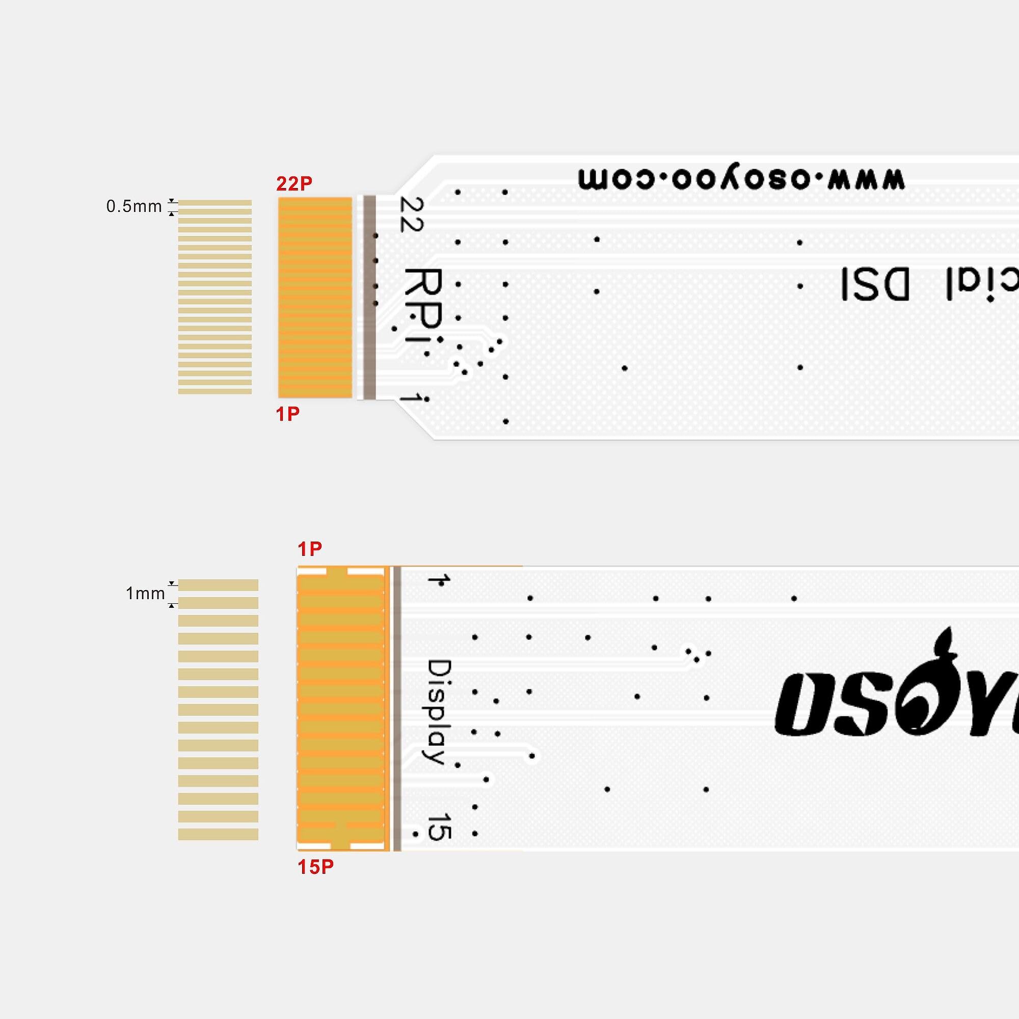 OSOYOO Cavo FPC DSI a 15 pin da 1,0 mm a 22 pin, passo 0,5 mm, bianco, 18 cm, per Raspberry Pi 5 a Raspberry Pi 7" schermo IPS DSI ufficiale