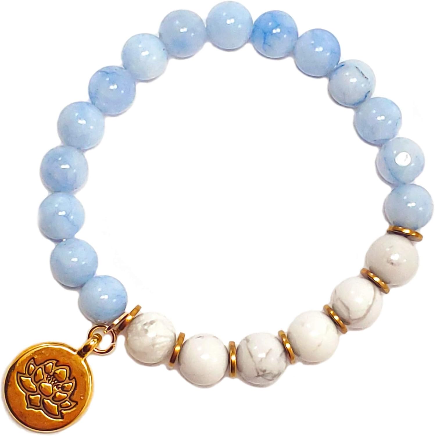 Natural Gemstone Bracelet Collection – Celestite, Emerald Green Jade, or Rose Quartz with White Howlite & Gold Lotus Charm – US Handmade 8mm Beaded Stretch Bracelet for Women & Men