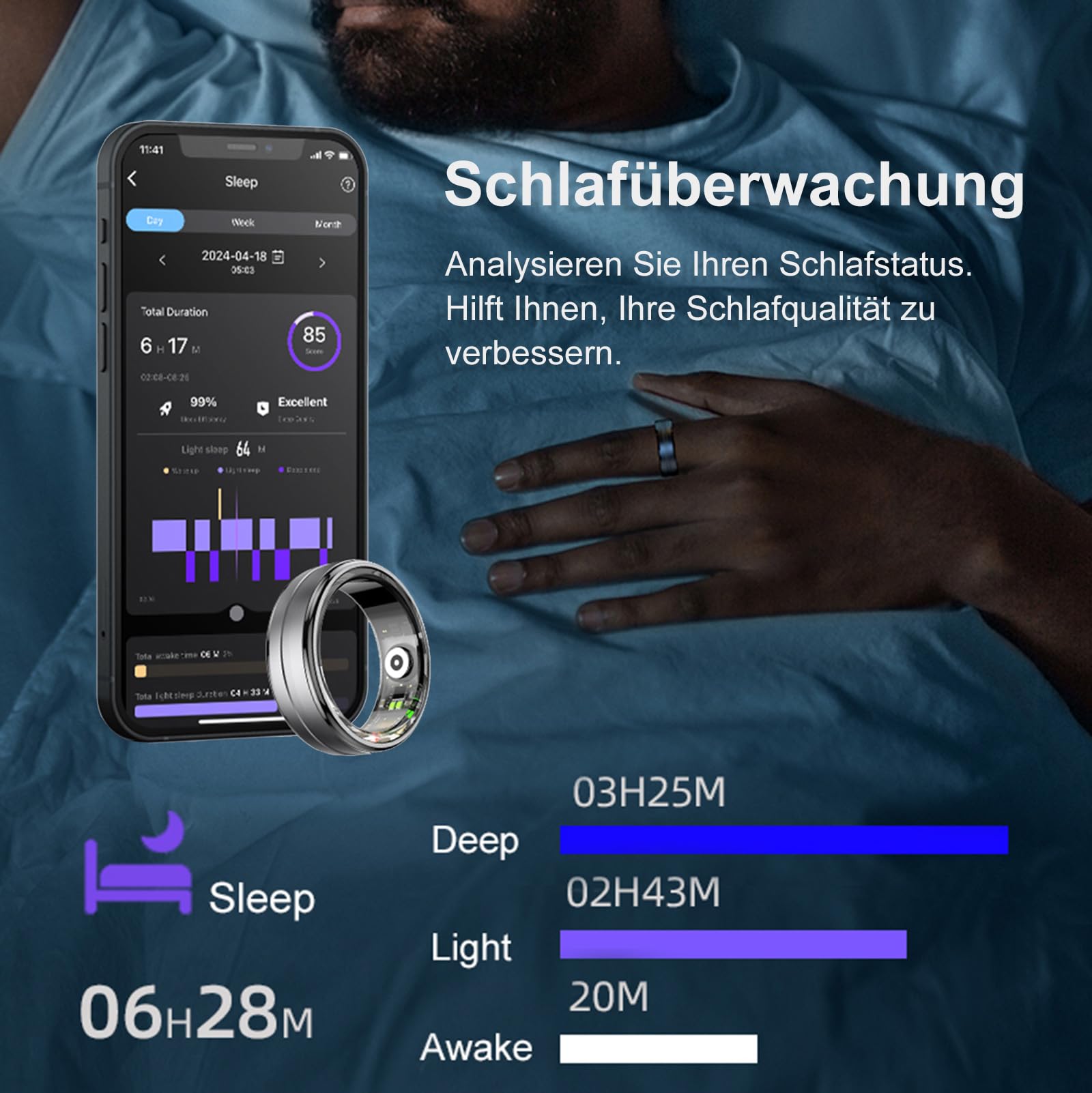 Bague intelligente de fitness - Podomètre - Compteur de calories - Anneaux intelligents pour homme et femme - Android iOS - Moniteur de fréquence cardiaque - Anneau intelligent - Tracker d'activité