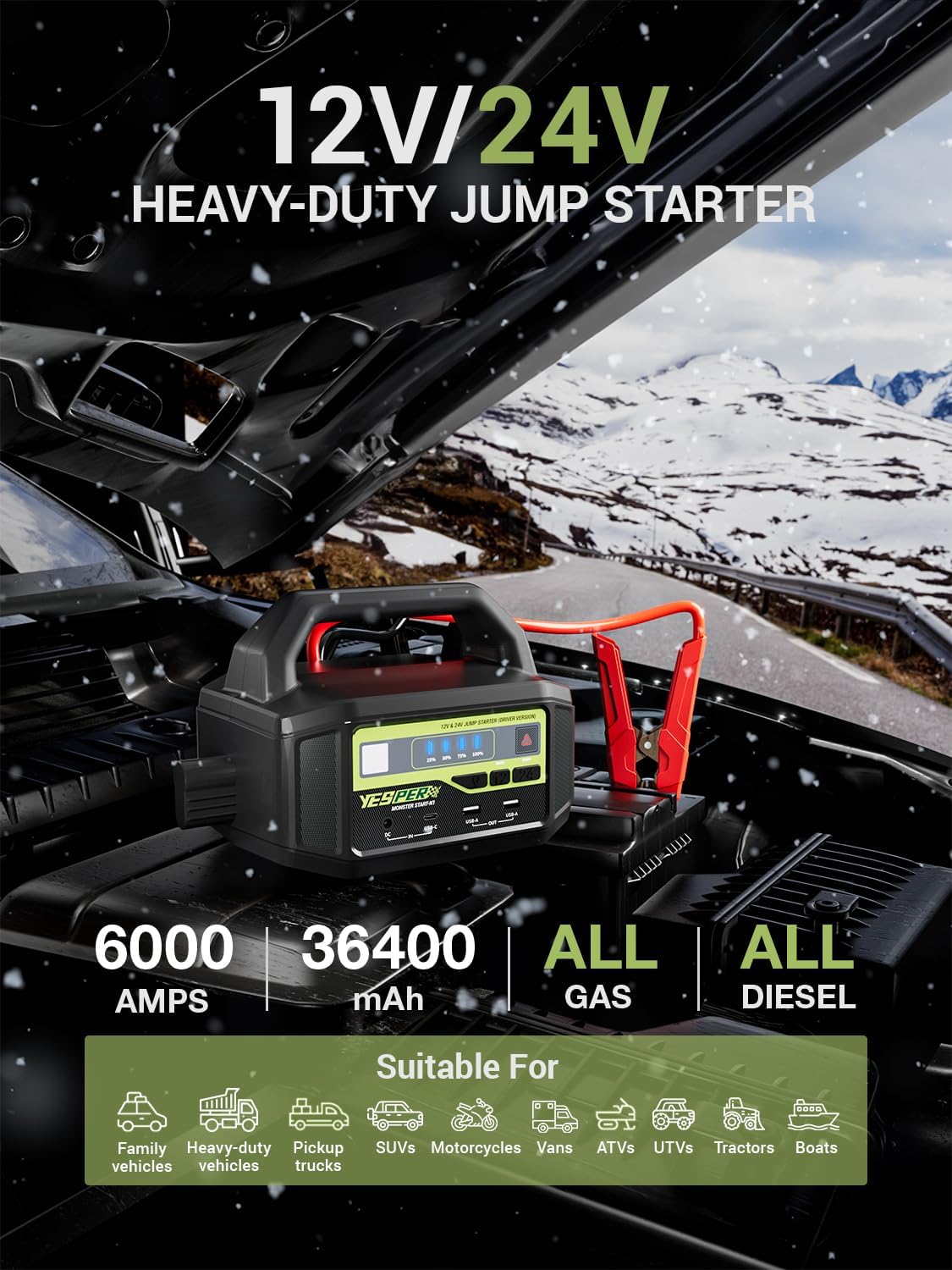 YESPER 12V/24V Heavy-Duty Jump Starter with specifications: 6000 Amps, 36400 mAh, suitable for all gas and diesel engines, and various vehicle types