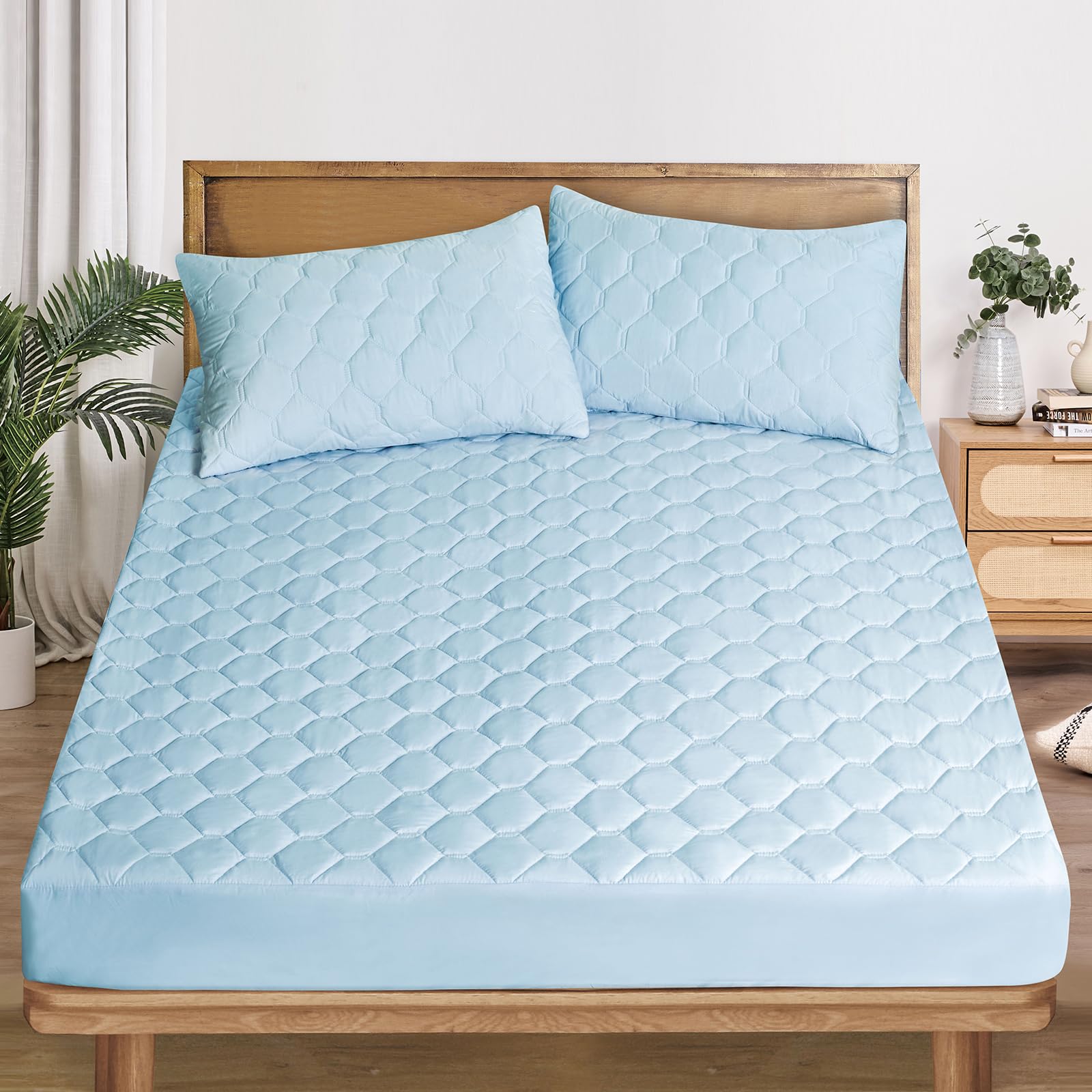 Yiiyookii Bedding Quilted Fitted Mattress Cover, Elastic Fitted Mattress Protector, Mattress Pad Stretches up to 12 Inches Deep, Machine Washable Mattress Topper (Blue, King)