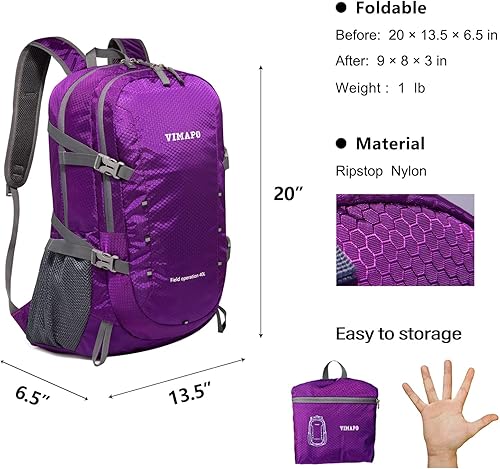 Miniatura 2 de Mochila de senderismo ligera de 40 L, mochila plegable de viaje para hombres y mujeres, mochila, Púrpura, Mochilas de