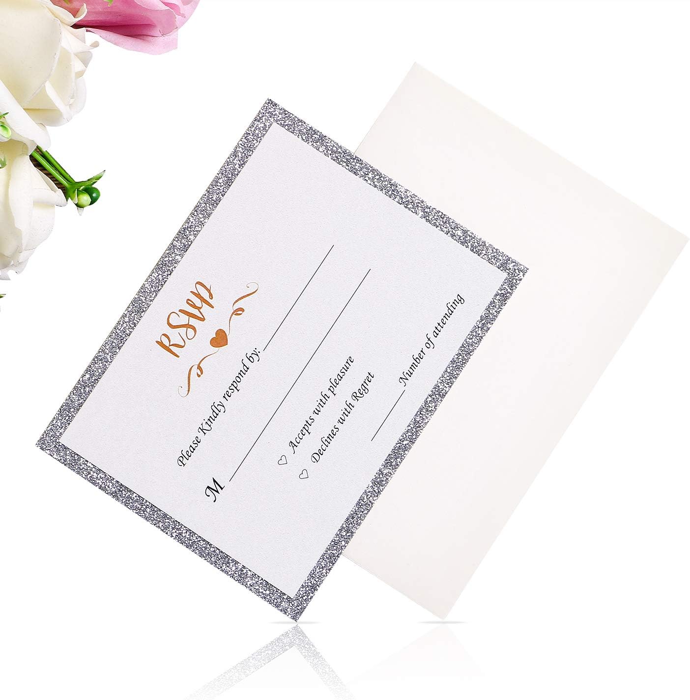 ponatia 25 Pieces/Pack Silvery Glitter Printed RSVP Cards with Envelopes